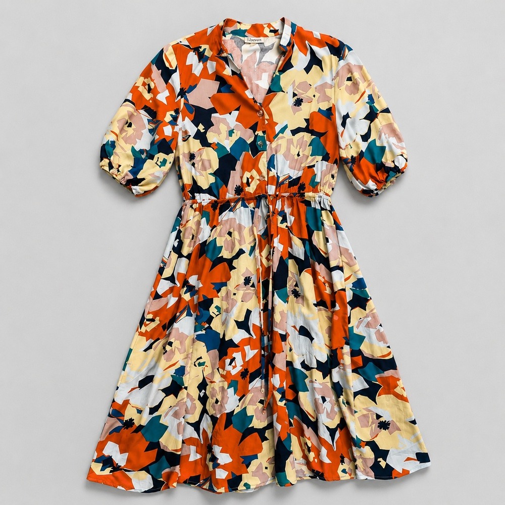 52seven Floral Midi Dress Sz 12 Multi Abstract Puff Sleeve Pockets Shirt Dress